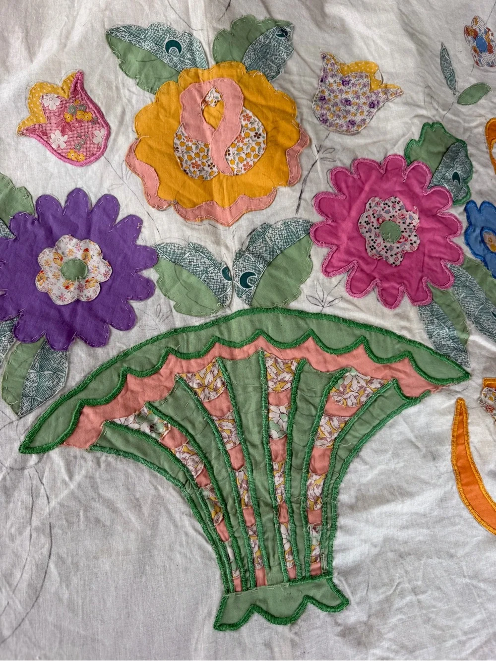 Vintage Flower Basket Embroidered Appliqué Quilt Top Unfinished READ 80x105